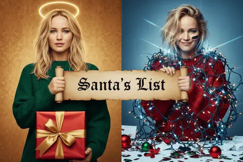 Новогодний диптих «Naughty vs Nice» с одной внешностью — промт для фотореалистичного коллажа через ИИ