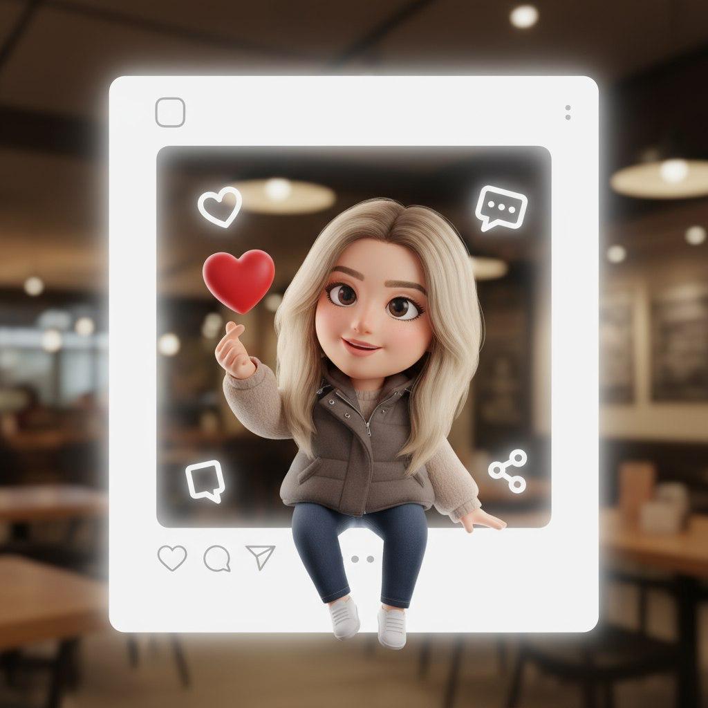 Фотосессия ИИ: 3D чиби‑аватар на рамке Instagram с иконками соцсетей
