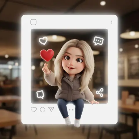 Фотосессия ИИ: 3D чиби‑аватар на рамке Instagram с иконками соцсетей