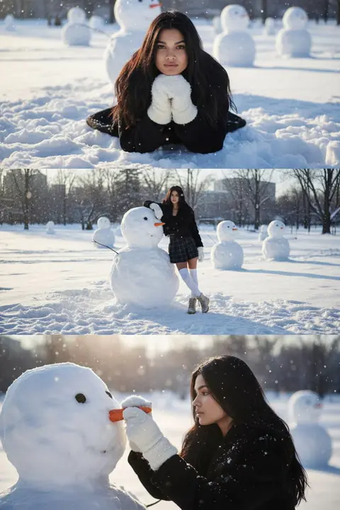 Зимний Y2K-коллаж из трёх горизонтальных фотографий со снеговиками