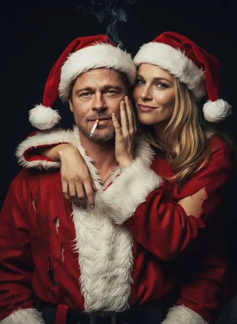 Фотосессия ИИ: парный портрет Bad Santa в тёмной студии
