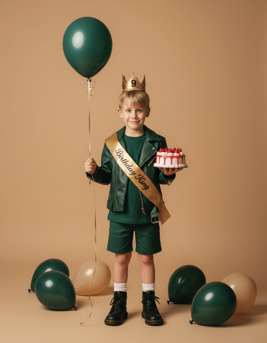 Промт на день рождения: Полноростовый портрет мальчика «Birthday King» в изумрудных тонах