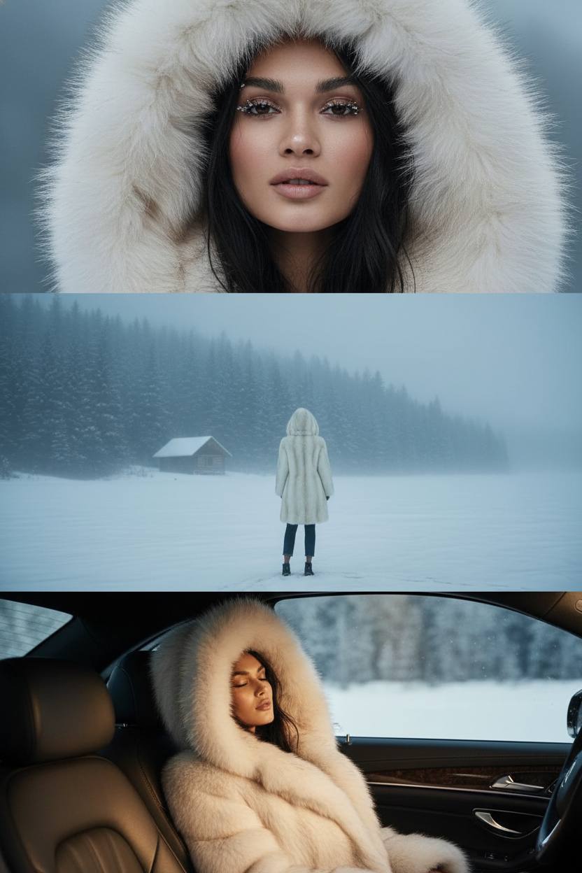 Зимняя фотосессия — атмосферный коллаж с женщиной в меховом капюшоне