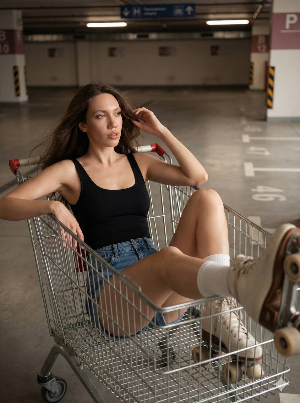 Промт «Глянцевая fashion‑съёмка девушки в тележке с роликами в подземном паркинге через ИИ»