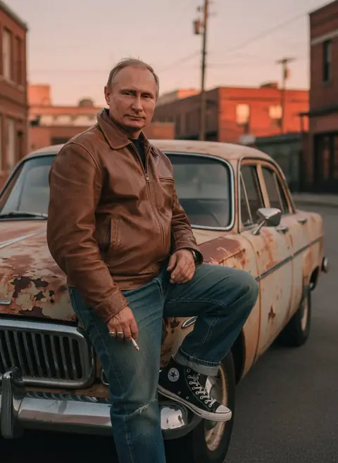 Кинематографичная ретро‑фотосессия мужчины у ржавой машины на закате — промт для генерации фото через ИИ