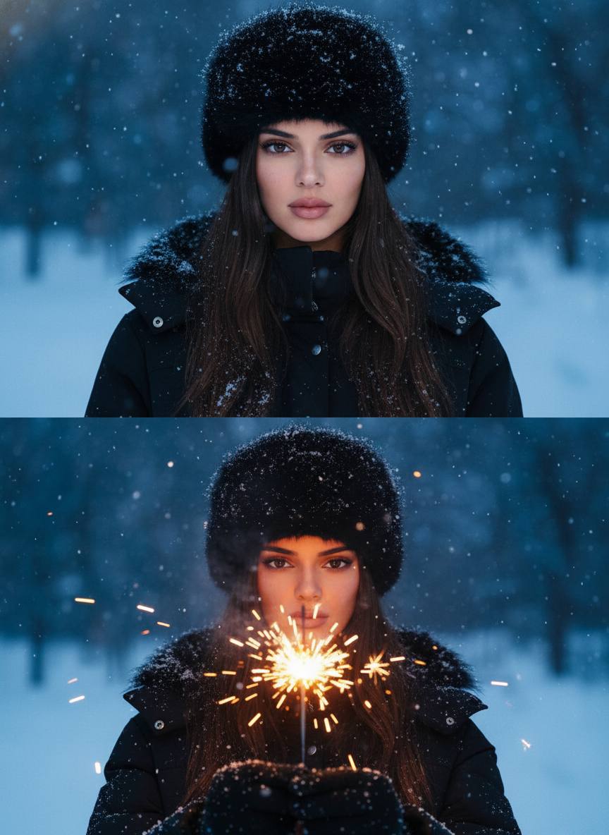 Зимний коллаж с бенгальским огнём — фотореалистичная нейрофотосессия 8K, промт для ИИ нейросети