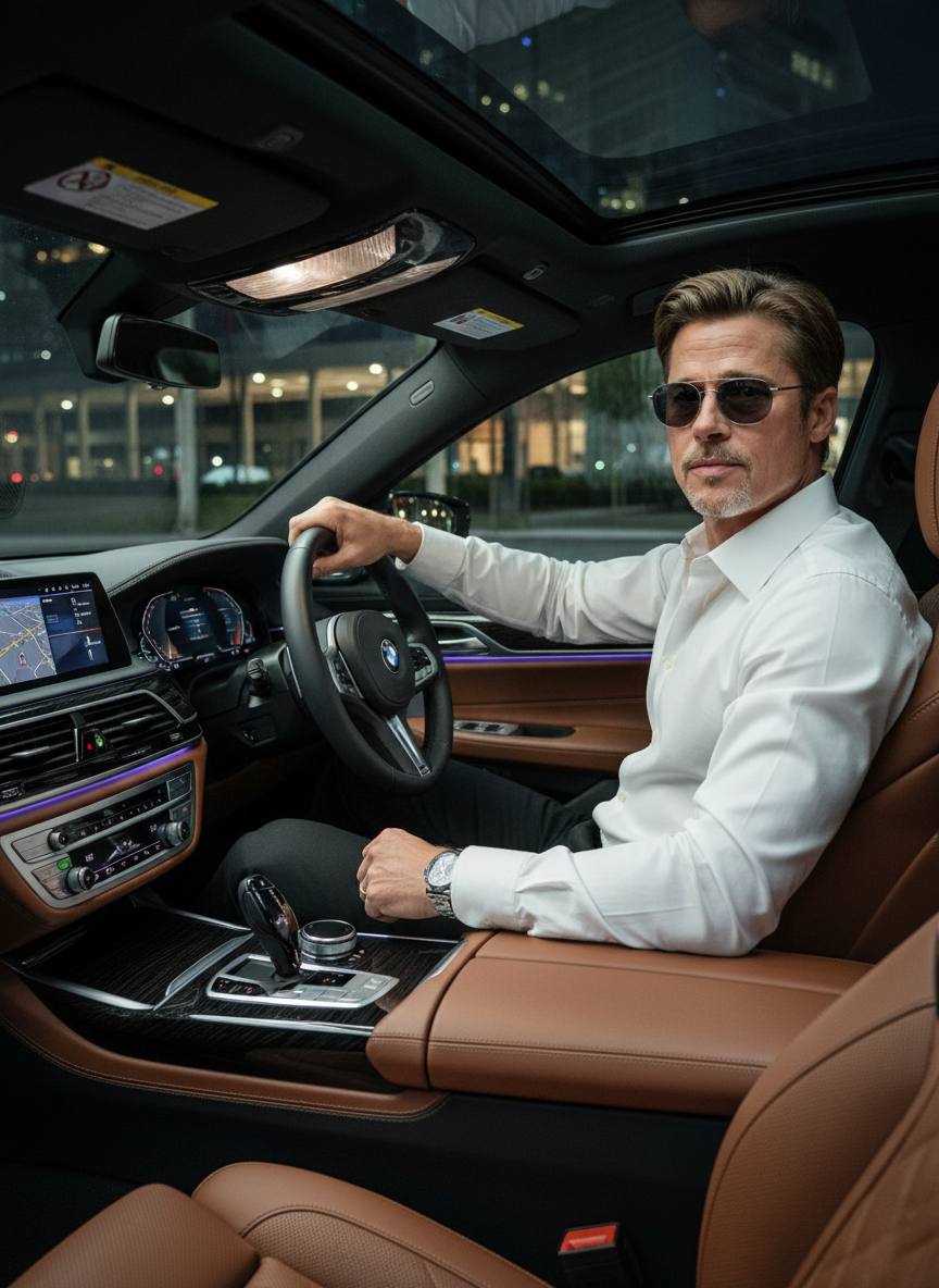 Фотосессия за рулём BMW 7 серии ночью — промт для нейросети ИИ