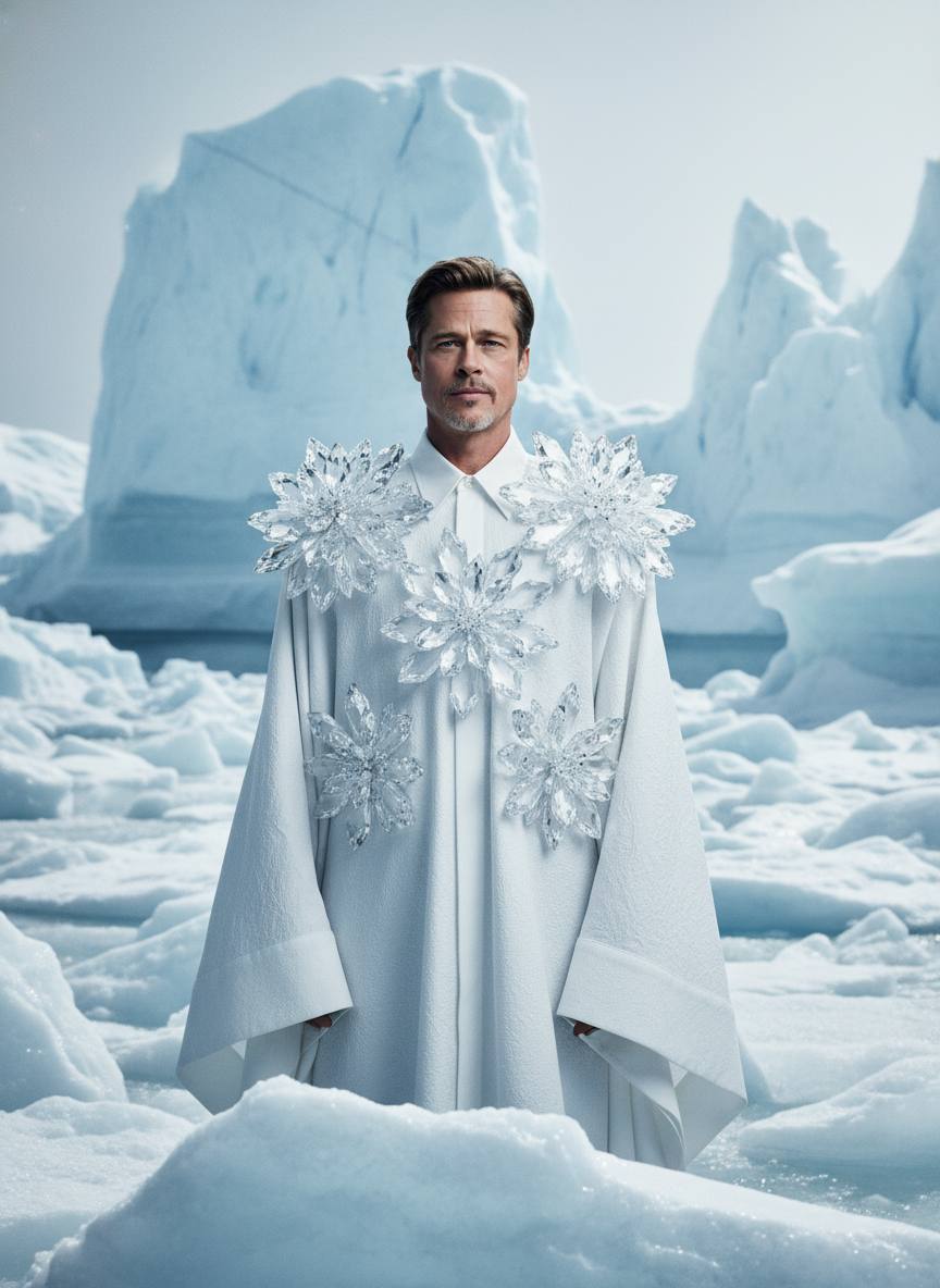 Промт ледяная haute couture фотосессия парня среди арктических льдов через нейросеть ИИ