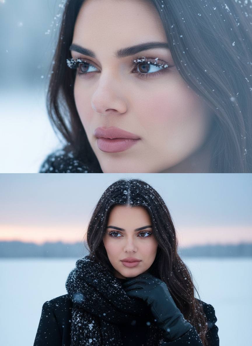 Промт зимний фотореалистичный коллаж двух фото девушки с шарфом и снегом через нейросеть ИИ