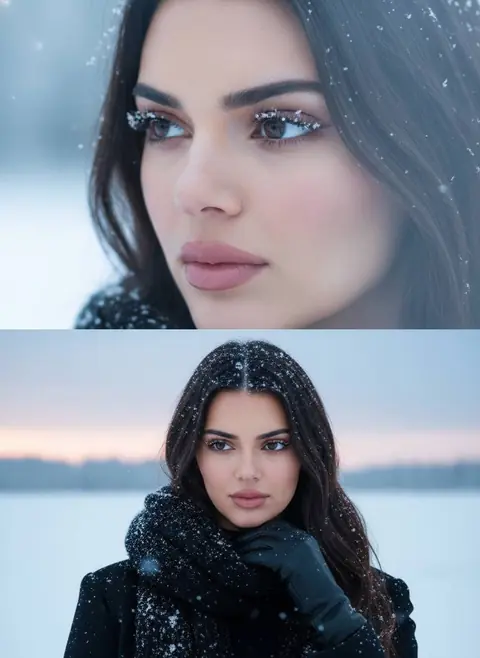Промт зимний фотореалистичный коллаж двух фото девушки с шарфом и снегом через нейросеть ИИ