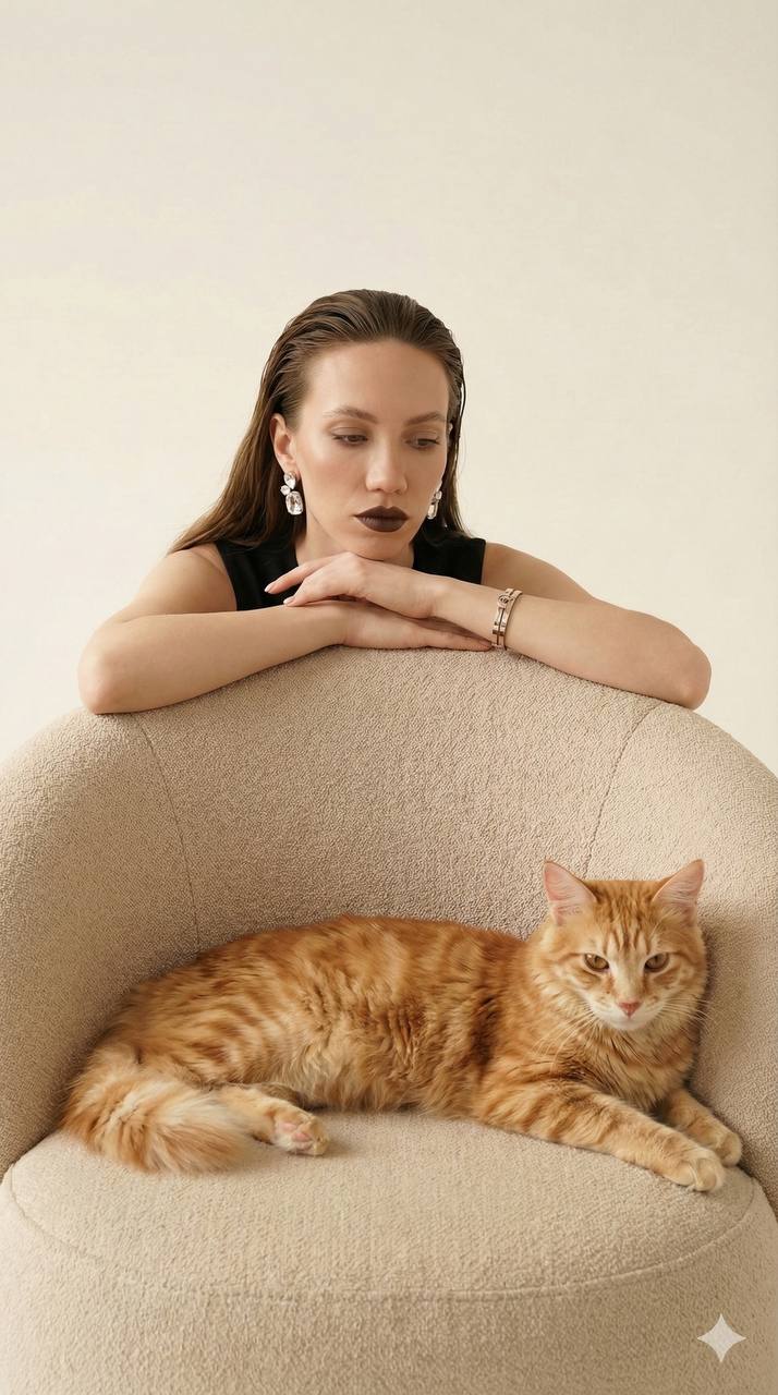 Минималистичная high-fashion промт-фотосессия с девушкой и животным в студии по референс фото