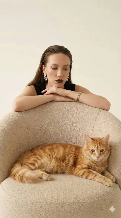 Минималистичная high-fashion промт-фотосессия с девушкой и животным в студии по референс фото
