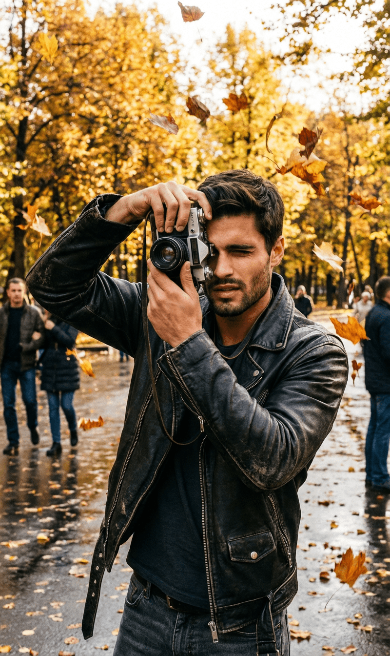 Промт осенняя уличная фотосессия фотографа с «Зенитом» в парке Горького с низкого ракурса через ИИ