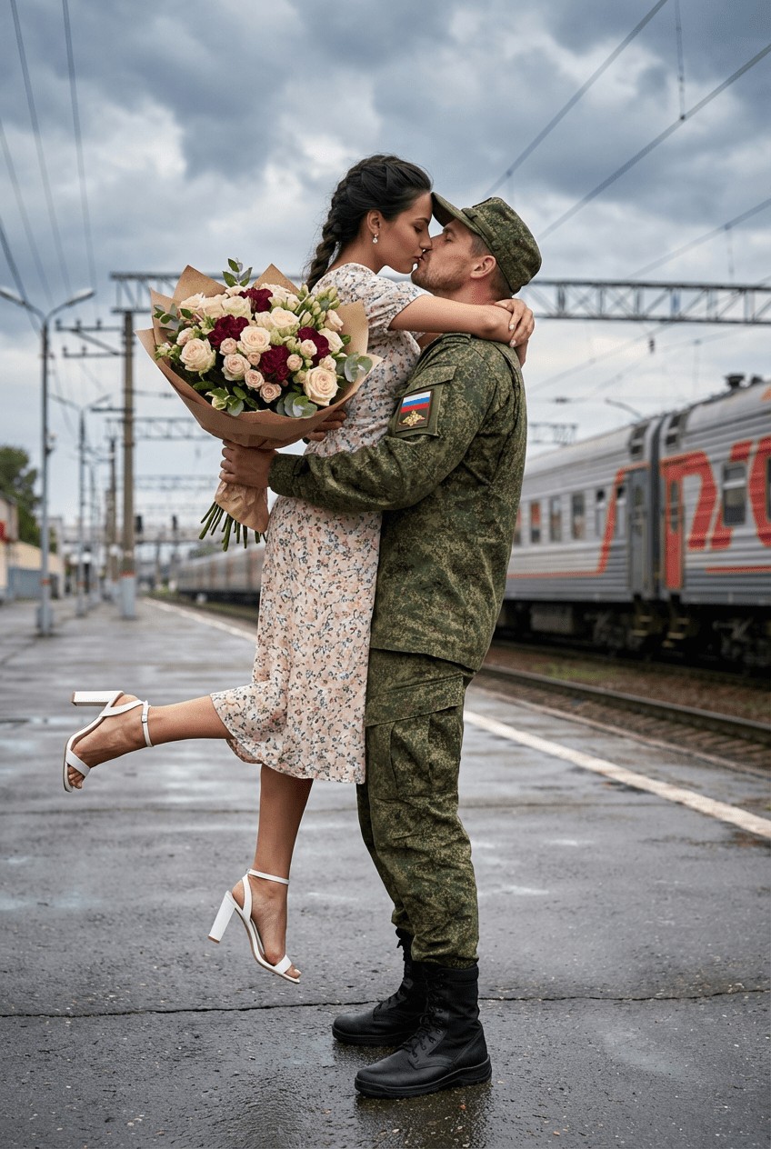 Кинематографическая ИИ фотосессия встречи военного и девушки на железнодорожном вокзале промтом