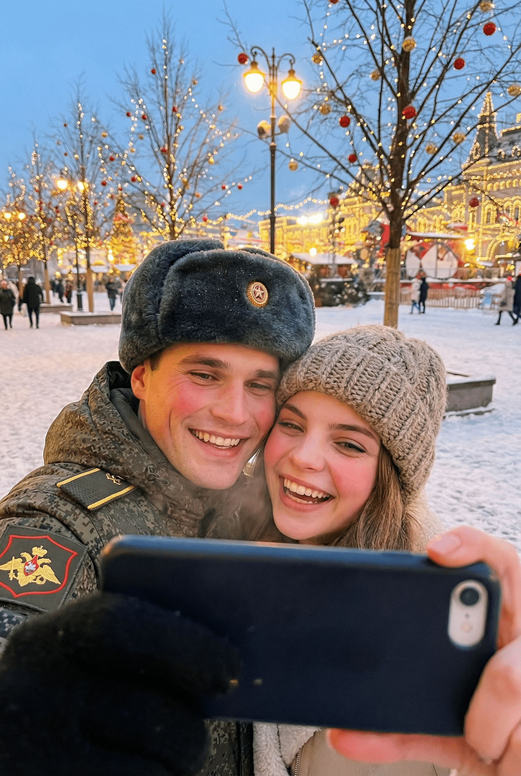 Зимняя ИИ фотосессия селфи военного и девушки с сохранением лиц промтом