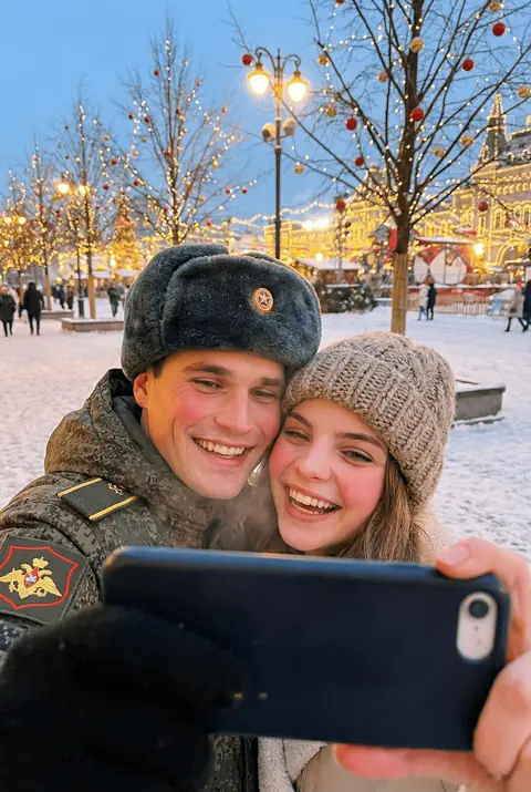 Зимняя ИИ фотосессия селфи военного и девушки с сохранением лиц промтом