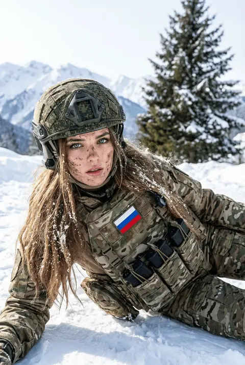 Драматическая зимняя ИИ фотосессия девушки в военной форме мультикам на снегу промтом