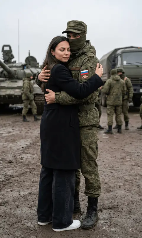 Эмоциональная ИИ фотосессия прощания девушки с военным в объятиях промтом