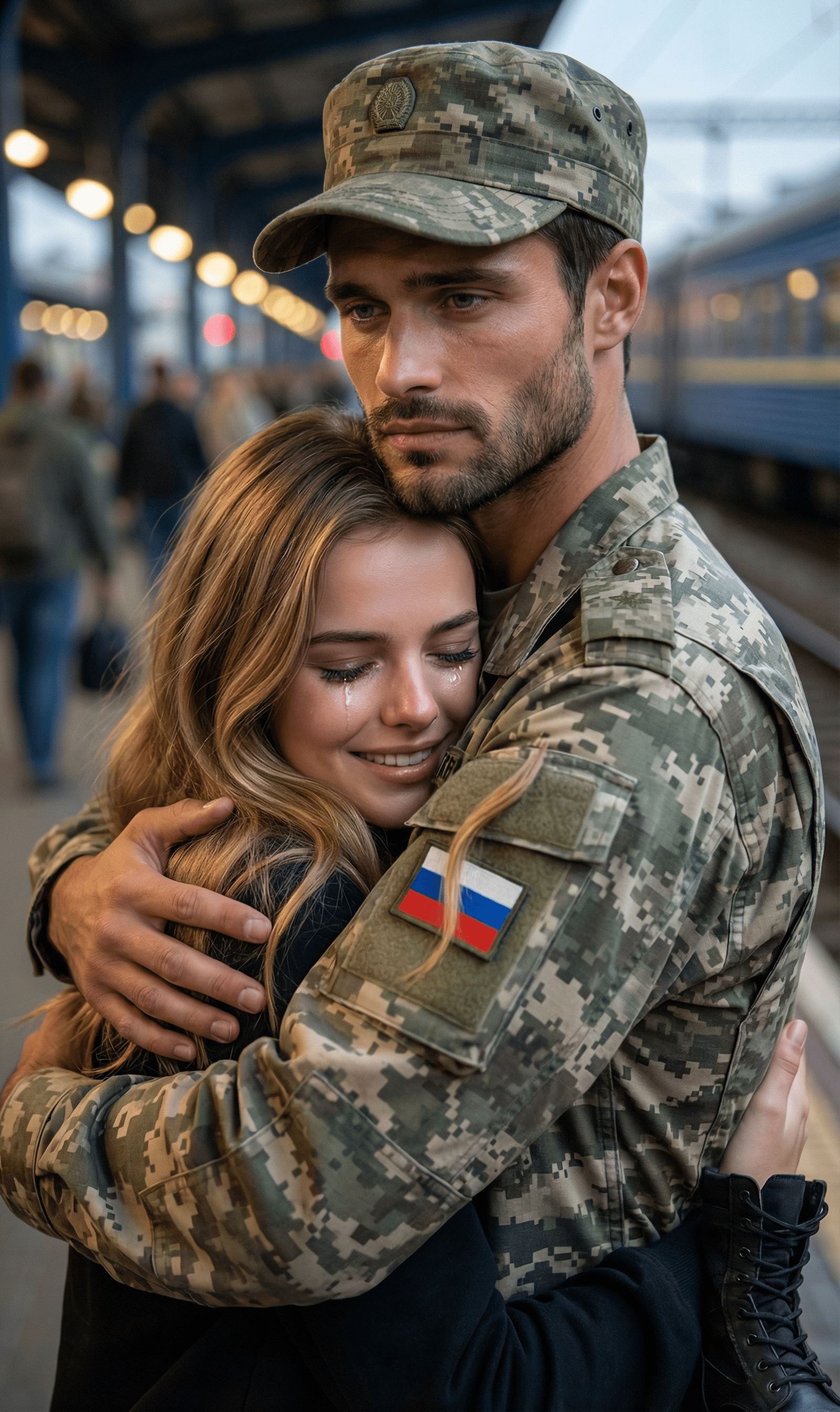 Кинематографическая ИИ фотосессия встречи девушки с военным в пиксельной форме на вокзале промтом