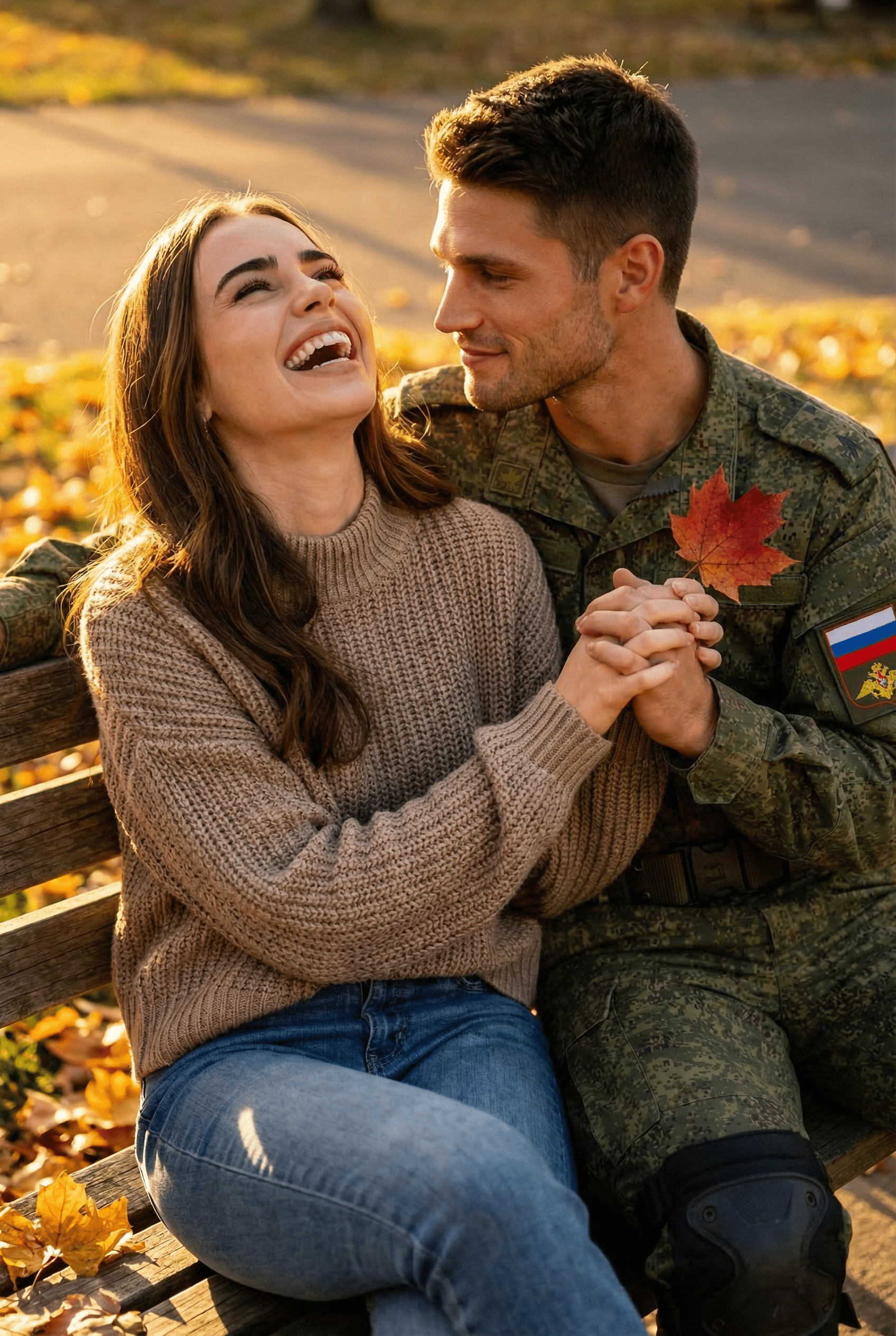 Уютная осенняя ИИ фотосессия девушки с военным на скамейке в золотых листьях промтом