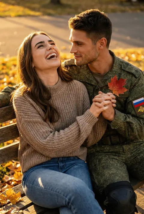 Уютная осенняя ИИ фотосессия девушки с военным на скамейке в золотых листьях промтом