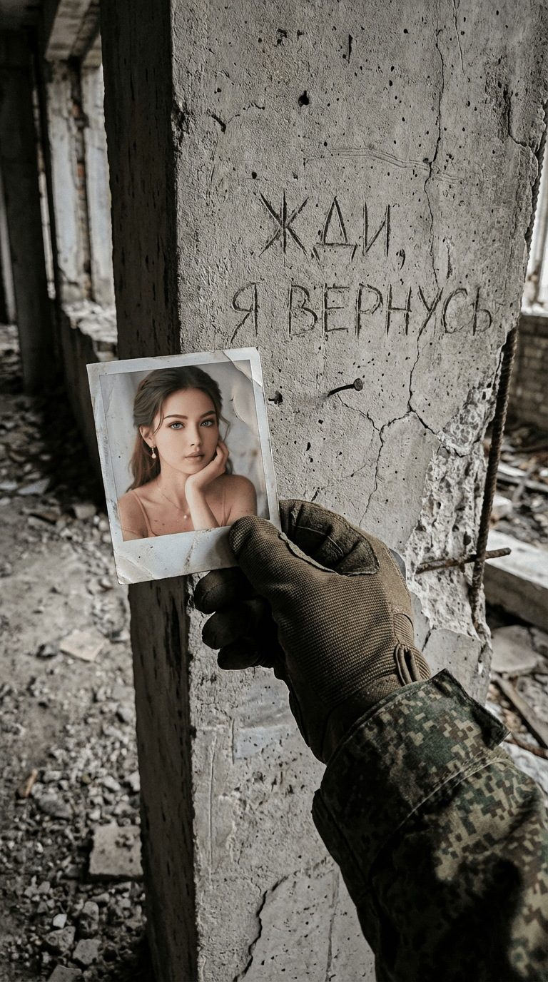 Реалистичная военная ИИ фотосессия: рука с фото любимой на фоне надписи «ЖДИ, Я ВЕРНУСЬ» промтом
