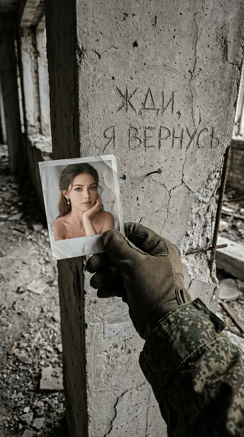 Реалистичная военная ИИ фотосессия: рука с фото любимой на фоне надписи «ЖДИ, Я ВЕРНУСЬ» промтом