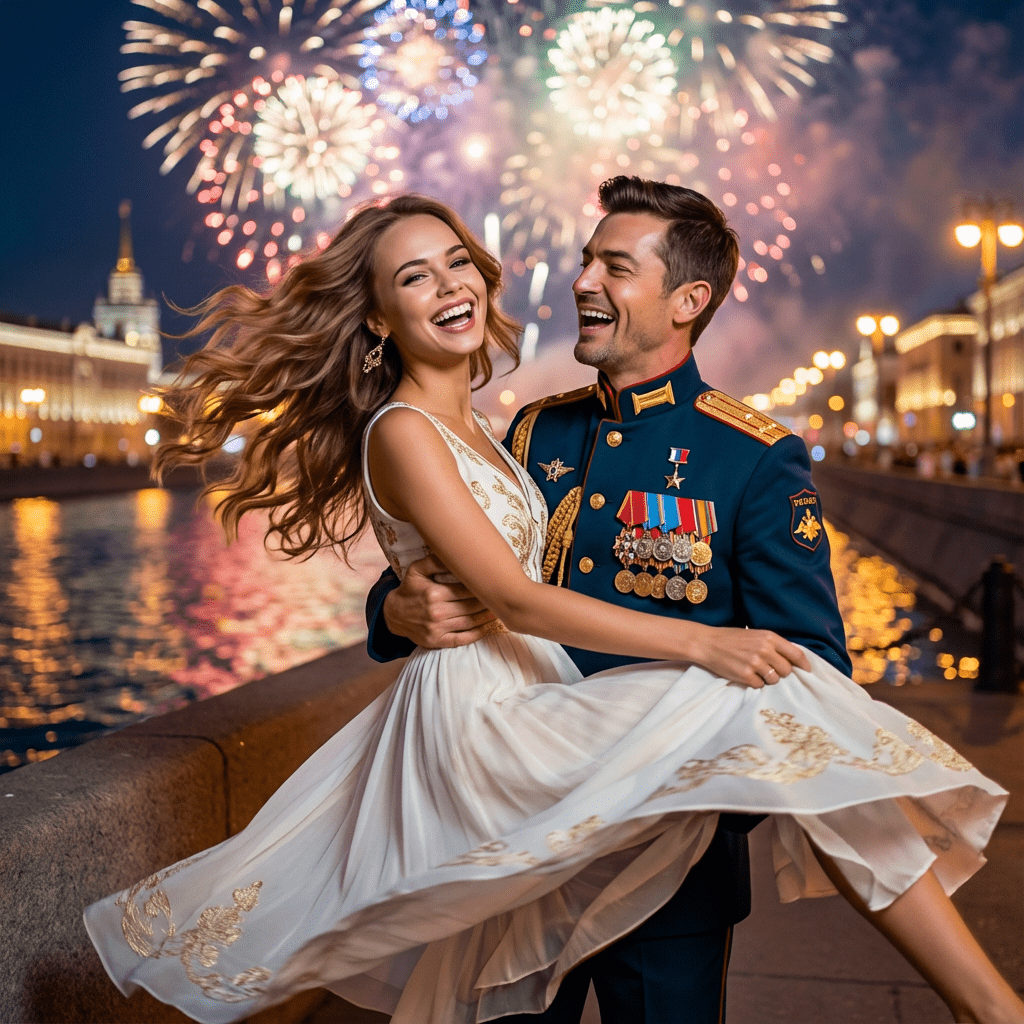 Радостная ИИ фотосессия девушки с военным на набережной под праздничным салютом промтом