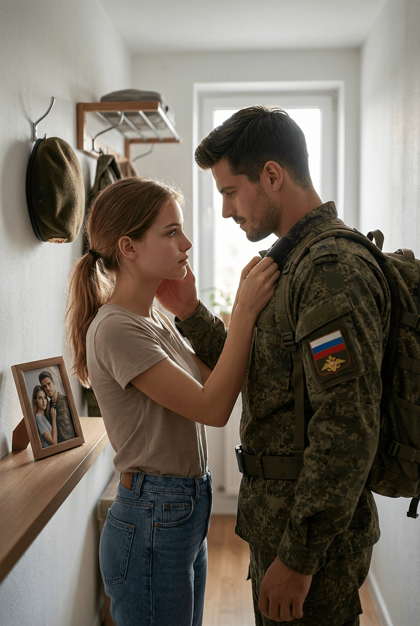 Утренняя ИИ фотосессия девушки с военным в прихожей перед уходом промтом