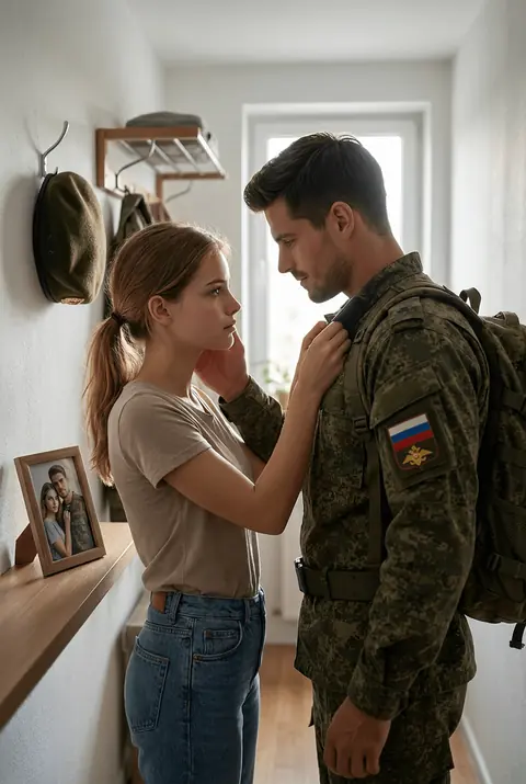 Утренняя ИИ фотосессия девушки с военным в прихожей перед уходом промтом