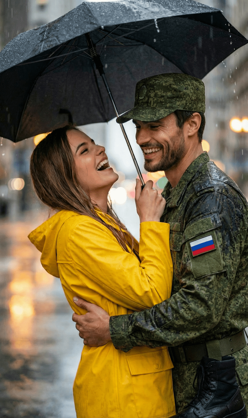 Романтическая ИИ фотосессия девушки с военным под одним зонтом под дождём промтом