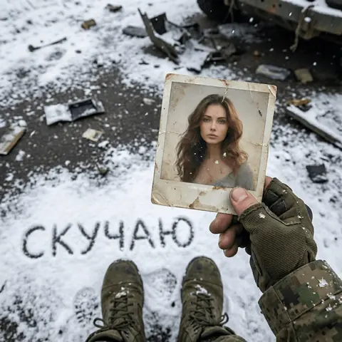 Реалистичная военная ИИ фотосессия сверху: берцы на снегу и Polaroid‑фото «СКУЧАЮ» промтом