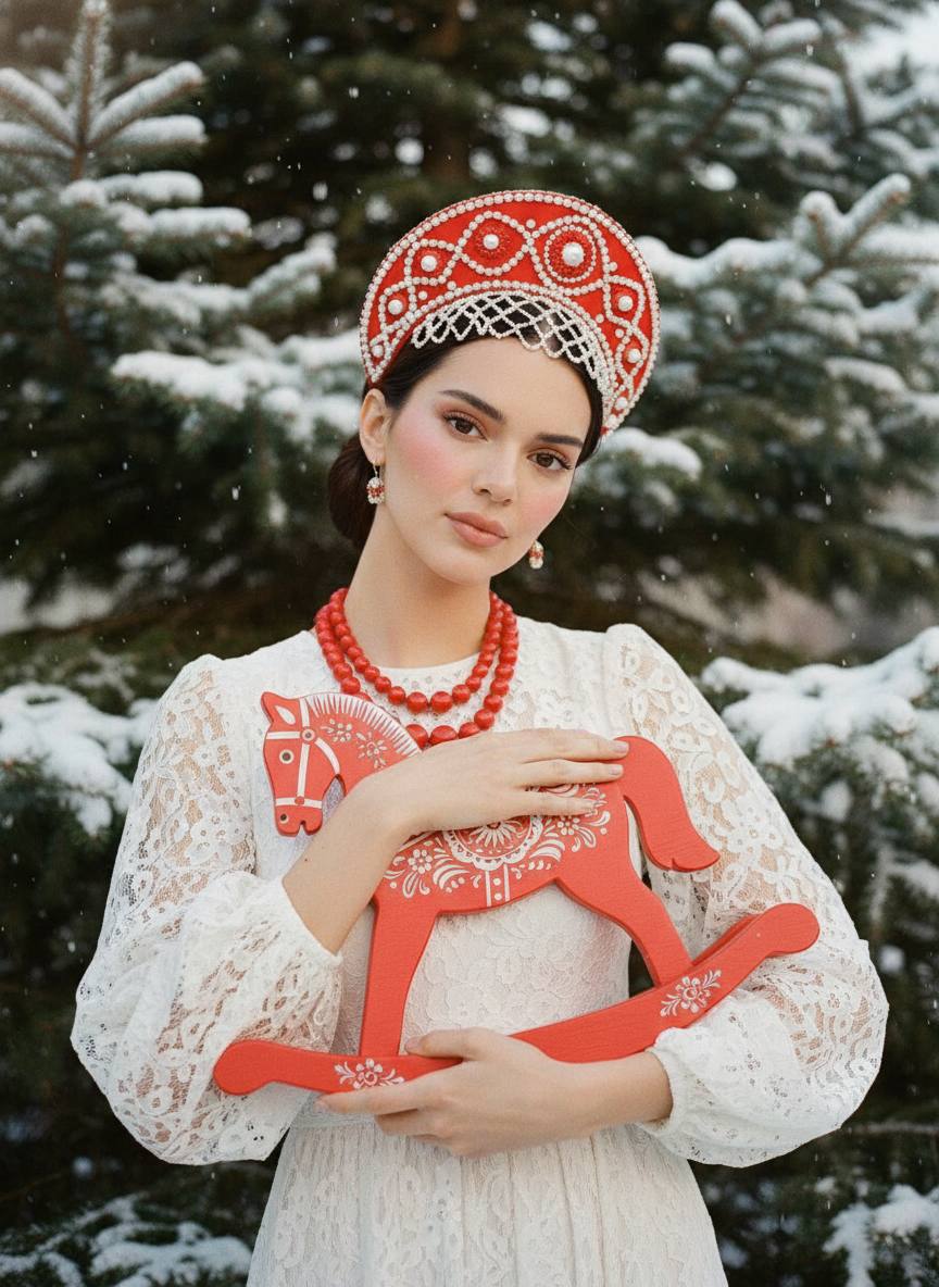 Промт для зимней фотосессии: женщина в кокошнике с деревянной лошадкой-качалкой