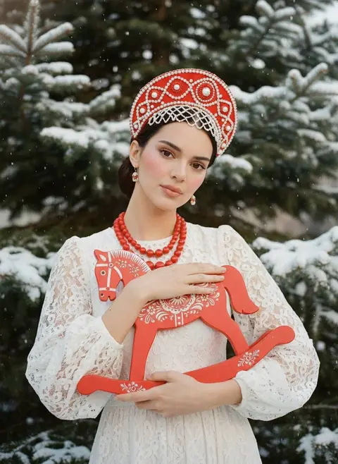 Промт для зимней фотосессии: женщина в кокошнике с деревянной лошадкой-качалкой