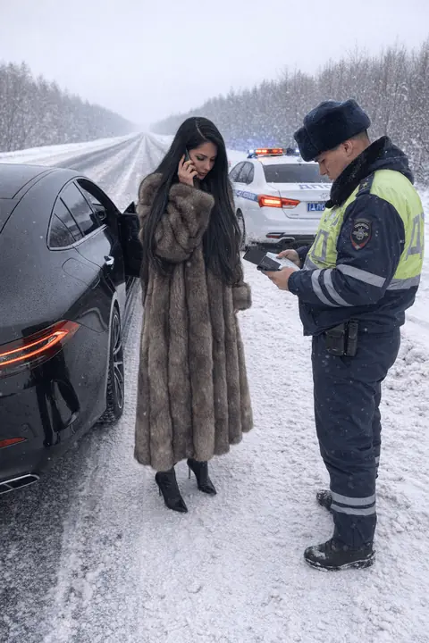 Промт для фотосессии: Девушка в шубе садится в Mercedes под недоуменным взглядом ДПС