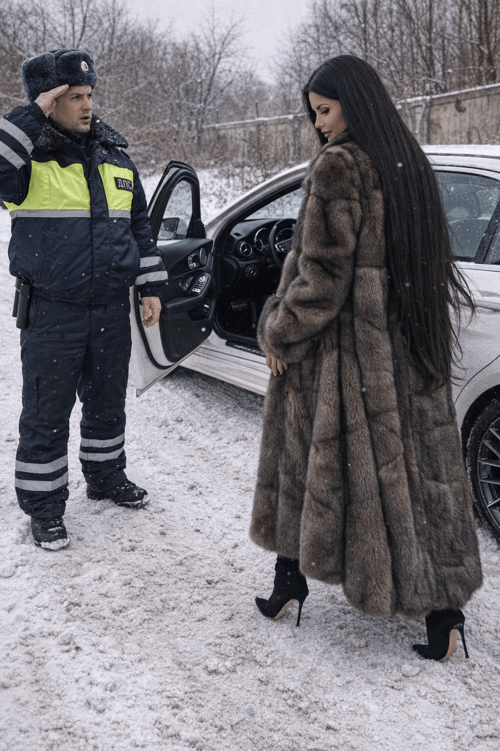 Промт для фотосессии: Девушка в шубе садится в Mercedes, а инспектор ДПС отдаёт честь