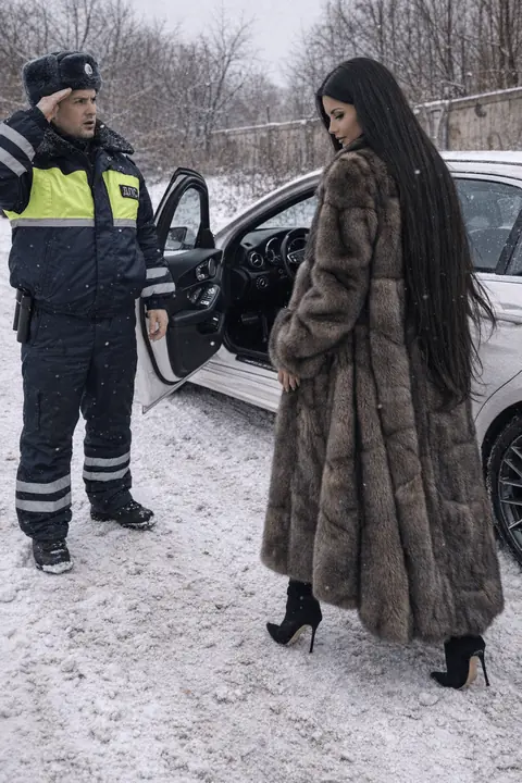 Промт для фотосессии: Девушка в шубе садится в Mercedes, а инспектор ДПС отдаёт честь