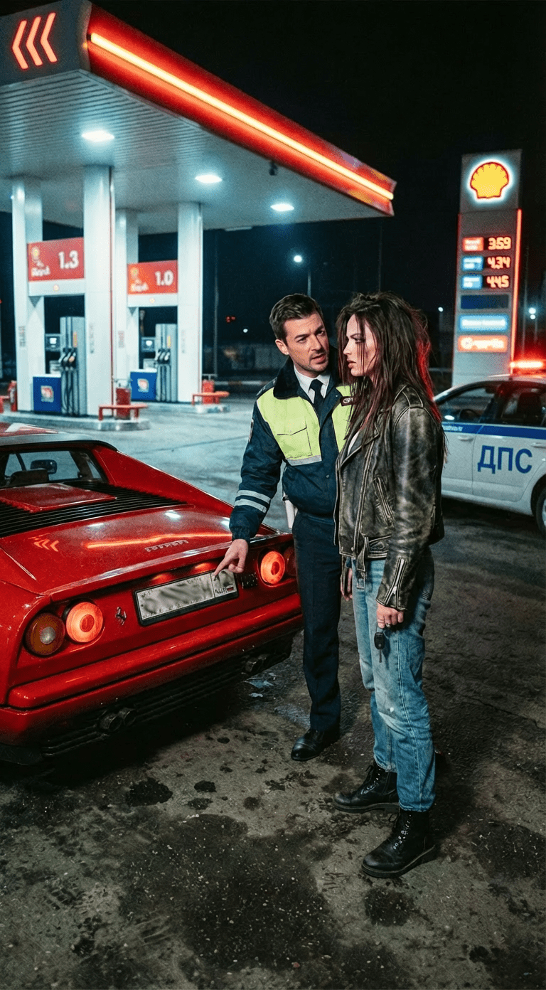Промт для фотосессии: Девушка на заправке у красного Ferrari и подъехавшего ДПС ночью