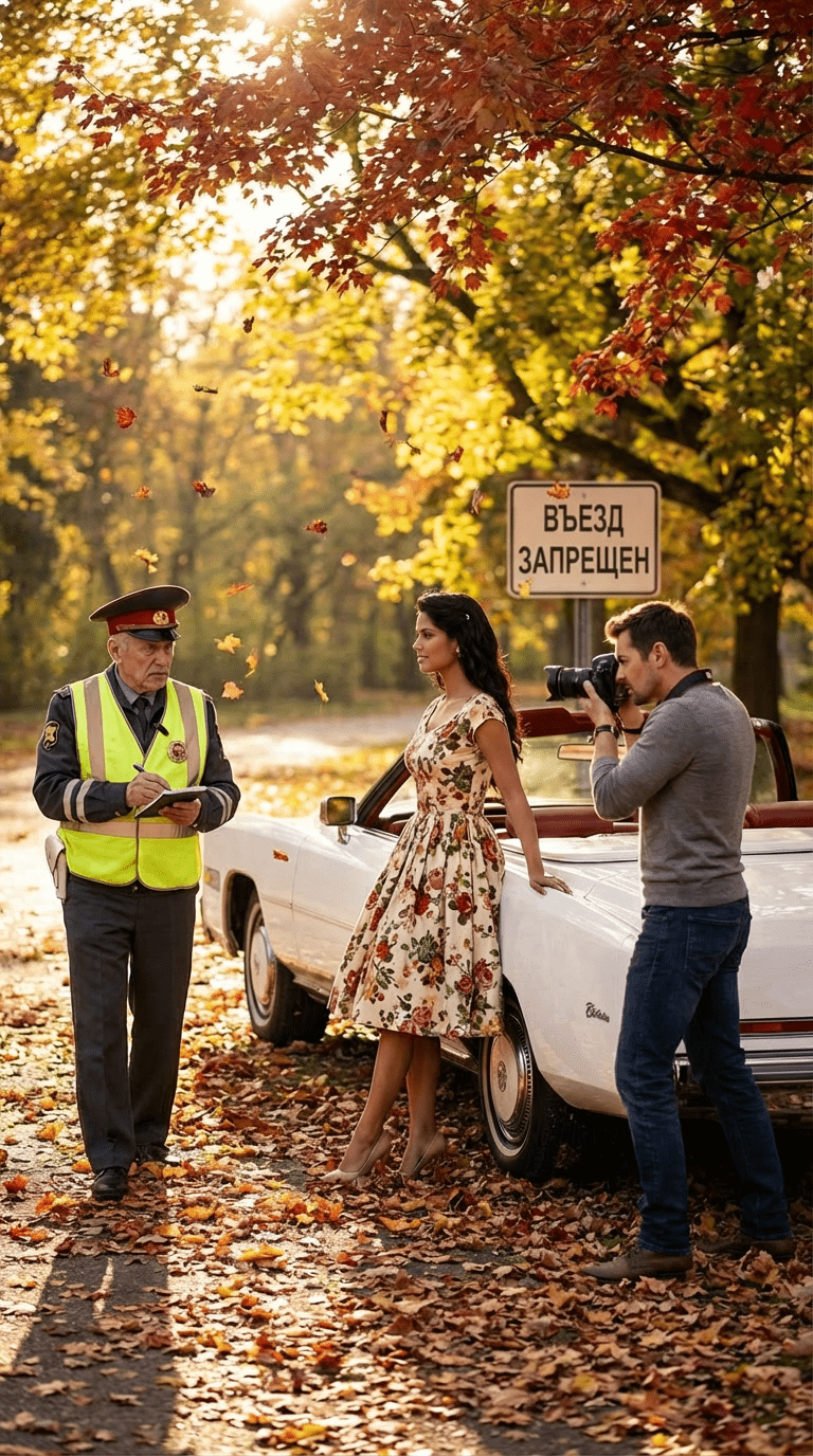 Промт для фотосессии: Девушка у Cadillac в осеннем парке и инспектор ГИБДД