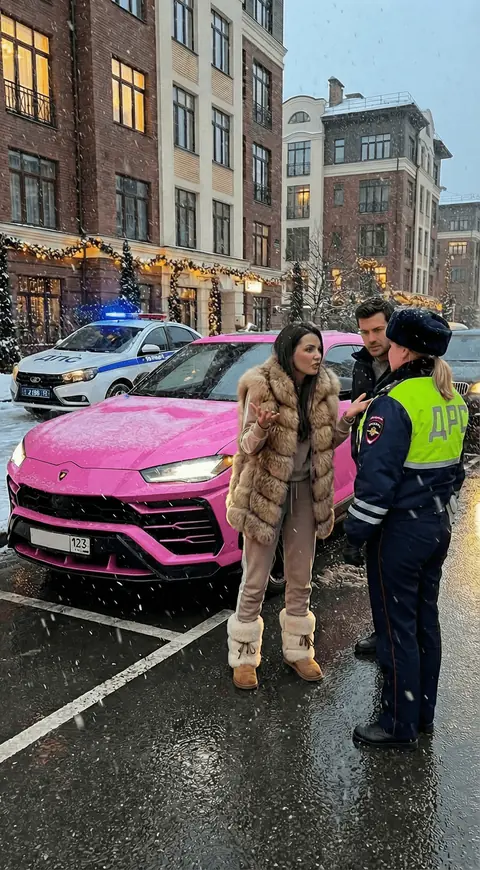 Промт для фотосессии: Девушка спорит с ДПС у розового Lamborghini в зимнем дворе