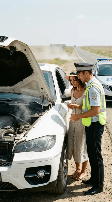 Промт для фотосессии: Девушка у сломавшегося BMW в степи и ДПС предлагает помощь