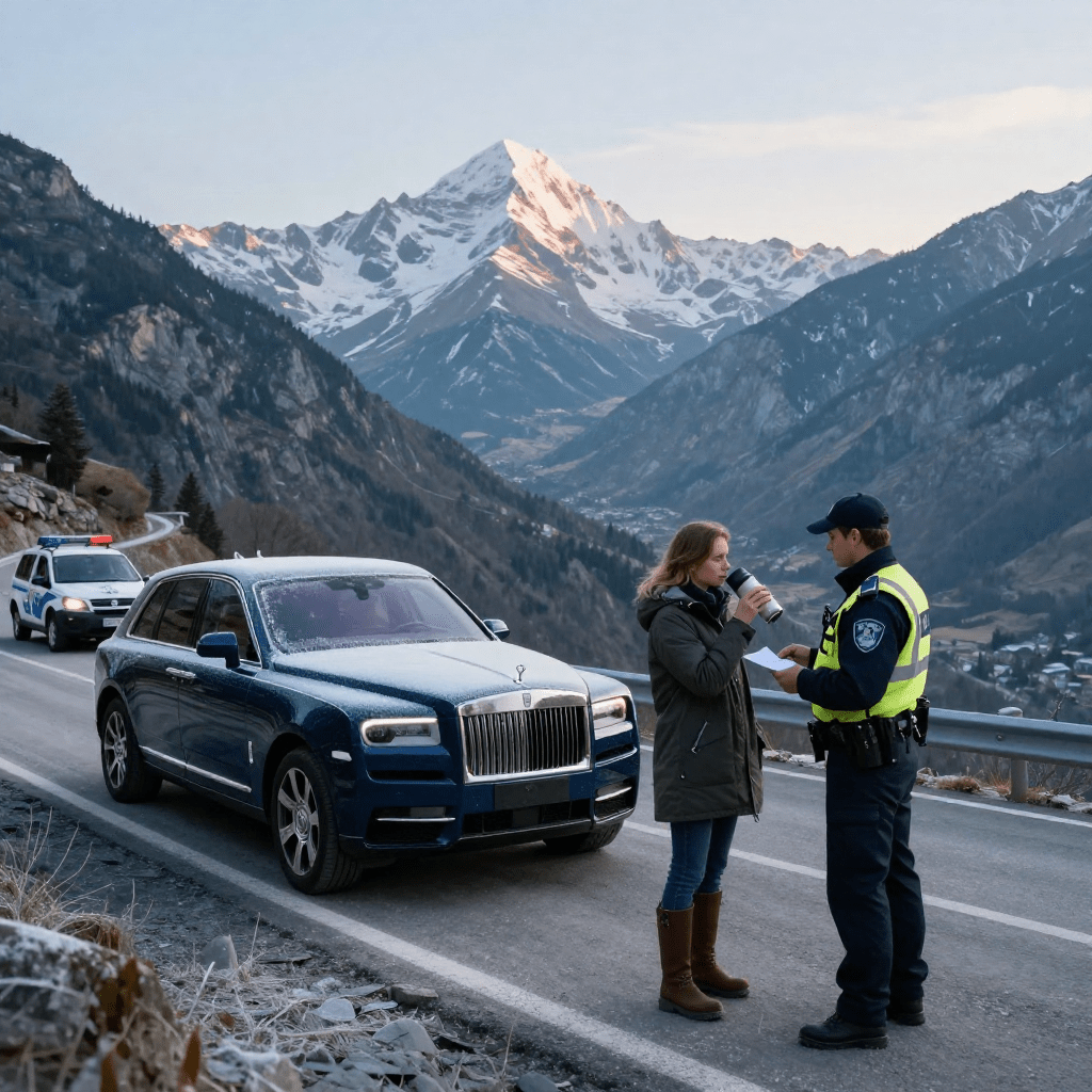 Промт для фотосессии: Девушка у Rolls-Royce на горном серпантине при проверке ДПС утром