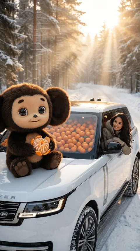 Промт для фотосессии: Девушка из окна Range Rover, Чебурашка на капоте и мандарины в салоне зимой
