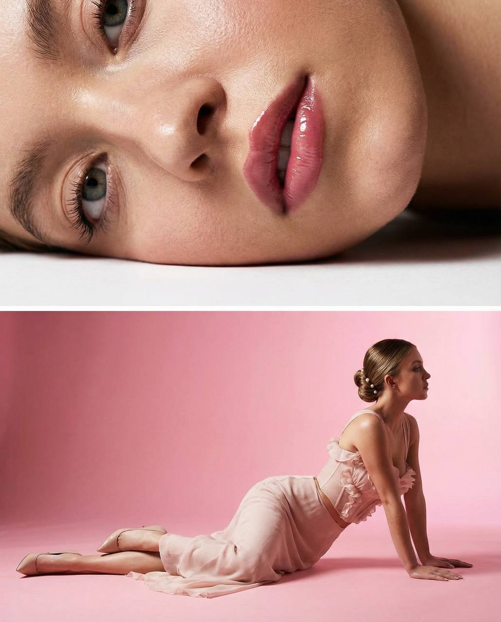 Фотосессия промт: high-fashion студийная фотосессия с экстремальным крупным планом лица и позой на полу на розовом фоне