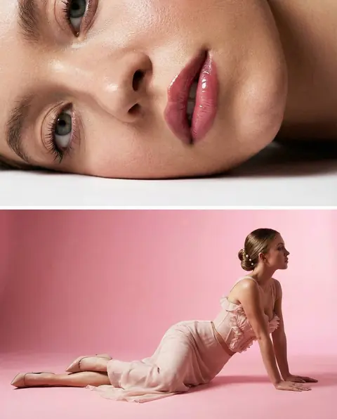 Фотосессия промт: high-fashion студийная фотосессия с экстремальным крупным планом лица и позой на полу на розовом фоне