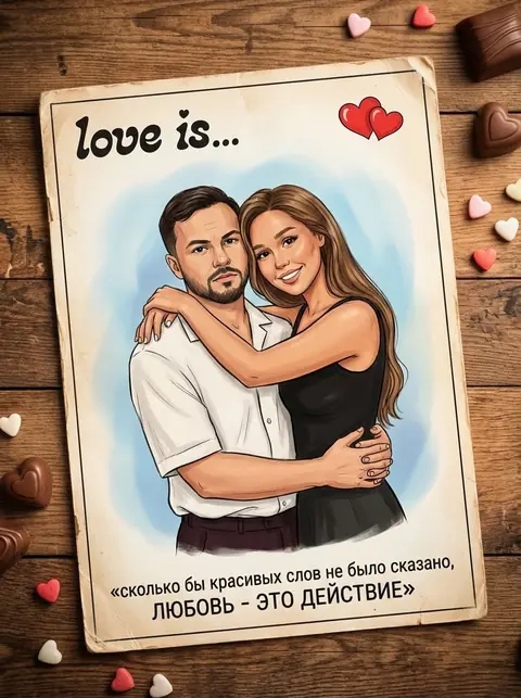 Трендовый промт для парной фотосессии: Рисунок пары с вкладыша Love Is, создаем наклейки Love Is из ваших фото - через нейросеть