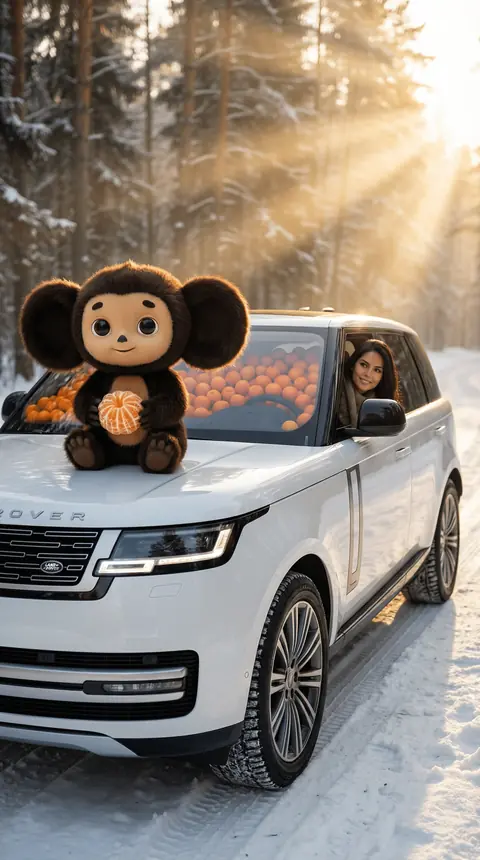 Фотосессия промт: девушка выглядывает из белого Range Rover забитого мандаринами с большим Чебурашкой на капоте в зимнем лесу