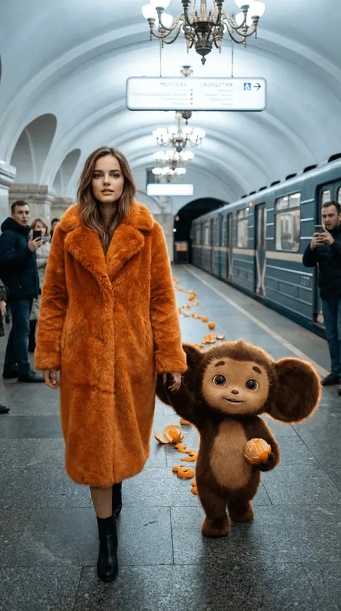 Промт фотосессия в метро с Чебурашкой через нейросеть ии для реалистичной генерации фото