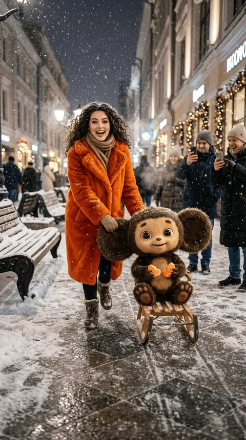 Промт фотосессия зимой с Чебурашкой в Москве через нейросеть ии для реалистичной генерации фото