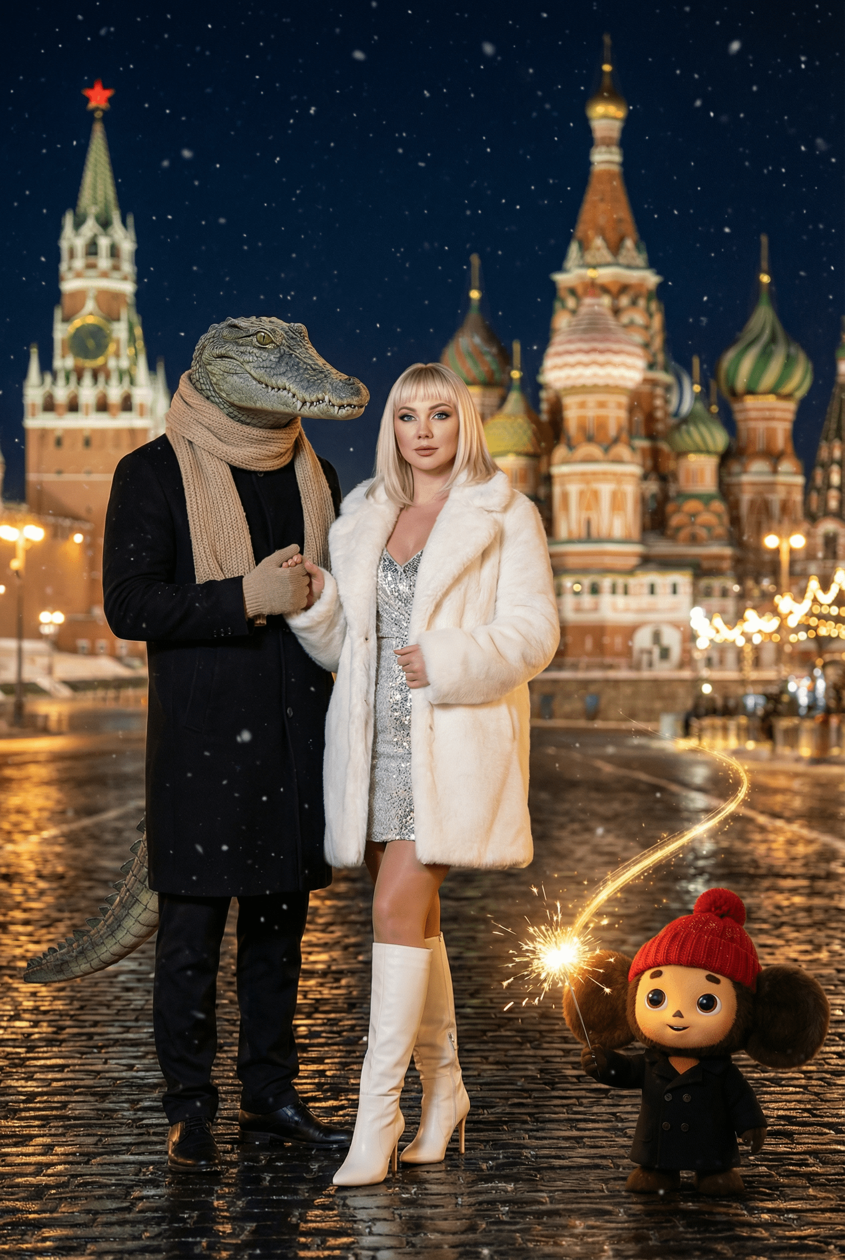 Промт зимняя fashion-фотосессия на Красной площади с крокодилом и Чебурашкой через нейросеть ии
